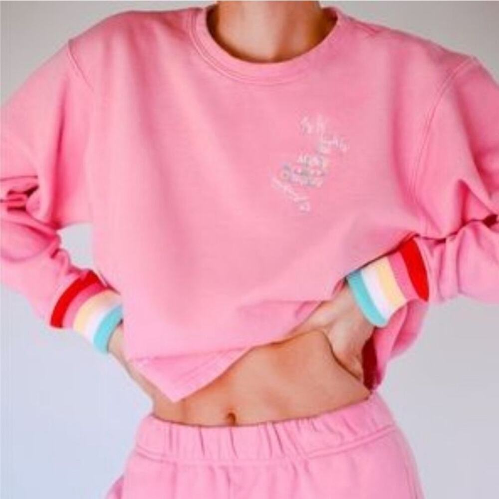 The Mighty Company | The Sweatshirt Pink Crewneck Rainbow Wrist Cuff Size S/M
